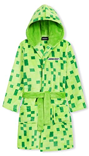 Minecraft Albornoz Niños con Capucha, Bata para Casa de Forro Polar Suave con Diseño Creeper, Regalos Originales para Niños y Adolescentes Edad 5-14 Años (Verde, 7-8 Años)