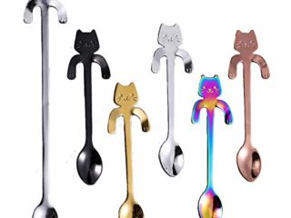 MINGZE 6 pcs Café Cuchara Forma de Gato de Acero Inoxidable, 5 Colores Diferentes + 1 Cuchara de Mango Largo, Colgando, Ideales para café, postres, Bebidas, Mezclar o Batidos