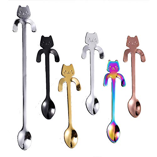 MINGZE 6 pcs Café Cuchara Forma de Gato de Acero Inoxidable, 5 Colores Diferentes + 1 Cuchara de Mango Largo, Colgando, Ideales para café, postres, Bebidas, Mezclar o Batidos