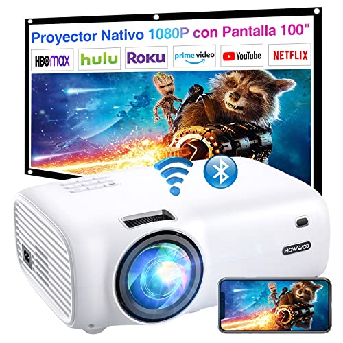 Mini Proyector 8500 Lúm, HOWWOO WiFi Proyector Bluetooth 1080P Nativo, Proyector Cine en Casa con Pantalla de 100" y Pantalla Máxde 300", para HDMI/VGA/USB/AV/SD/TV Stick/Smartphone