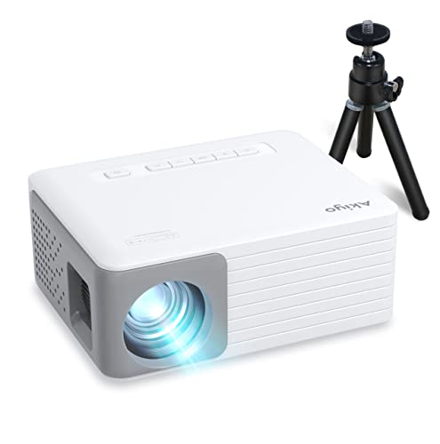 Mini Proyector, AKIYO O1 Proyector Portátil Cine en Casa, Soporta HD 1080P, ±15 ° Keystone, 25% Zoom, Dibujo Niños, Regalos para Niños, para Teléfono, TV Stick, Altavoz, HDMI, Dormitorio(con Trípode)