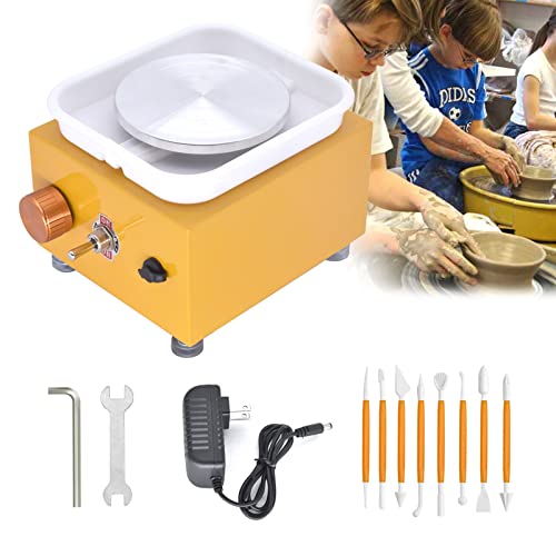 Mini rueda de cerámica eléctrica, Máquina de Ruedas de Cerámica, 2000 RPM Máquina Formadora de Arcilla con lavabo de ABS extraíble, 10 cm plato para Bricolaje Manualidades, Enchufe de la UE (Amarillo)