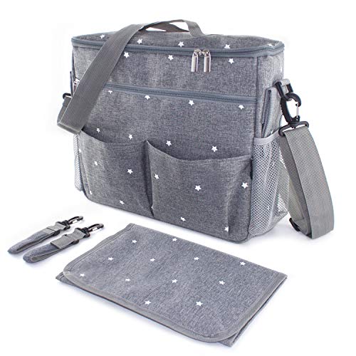 minki micos Bolso cambiador para carrito de bebé. Organizador con interior térmico, ganchos y correa universal. Compacto y moderno. (Gris)