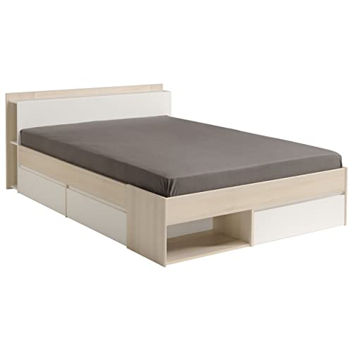 Miroytengo Cama Matrimonio con cajones Most Color Acacia y Blanco habitación Dormitorio Mueble 135/140x190/200 cm