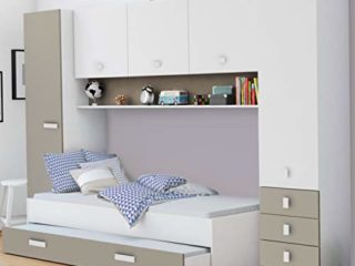 Miroytengo Pack Dormitorio Puente Infantil Juvenil Tidy Color Blanco y Arcilla habitación Moderno (Armario + Cama + cajón)