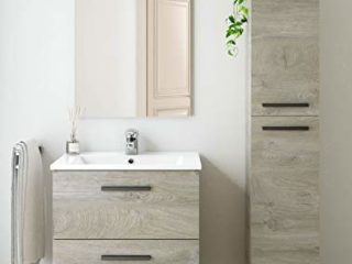 Miroytengo Pack Mueble baño 2 cajones con Espejo, Columna y Lavabo Color Roble Alaska Aseo Incluye LAVAMANOS