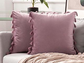MIULEE 2 Piezas Funda de Cojines Terciopelo con Borlas Fundas de Almohada con Cremallera Oculta Cuadrada Decoracion para Hogar Sofá habitacion Dormitorio Sillas Salon 40x40cm Rosado Morado