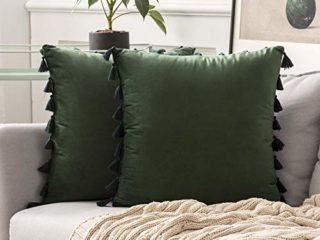MIULEE Cojines Sofa Fundas de Cojines Terciopelo Fundas de Almohada Cojin Decorativo con Borlas Suave para Cama Silla Habitacion Dormitorio Bancos Salon 2 Piezas 45x45 cm Verde Oscuro