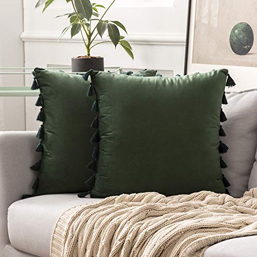 MIULEE Cojines Sofa Fundas de Cojines Terciopelo Fundas de Almohada Cojin Decorativo con Borlas Suave para Cama Silla Habitacion Dormitorio Bancos Salon 2 Piezas 45x45 cm Verde Oscuro