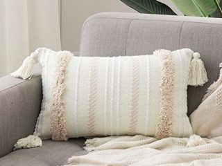 MIULEE Funda de Cojín Jacquard con Geometría con Flecos Fundas de Almohada Bohemia Decorativa Moderna Suave para Sofá Silla Cama Sala de Estar Dormitorio Oficina 1 Pieza 30x50 cm Blanco y Caqui