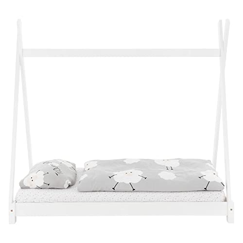 ML-Design Cama Infantil Tipi Indio 70x140 cm con Somier Estructura Listones de Madera de Pino Maciza Color Blanco Forma de Casa Mobiliario Juego Marco de Tienda de Campaña para Niños