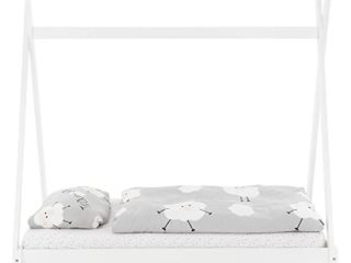 ML-Design Cama Infantil Tipi Indio 70x140 cm con Somier Estructura Listones de Madera de Pino Maciza Color Blanco Forma de Casa Mobiliario Juego Marco de Tienda de Campaña para Niños
