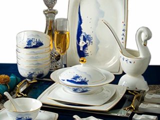 MMFXUE Juego de vajilla de 72 Piezas en Forma de Ola Pintado a Mano montañas y ríos Azules y Blancos Juegos de vajilla Cuadrados de Porcelana China con Cena