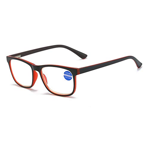 MMOWW Gafas de lectura anti-luz azul gafas de ordenador antifatiga de marco completo rectangulares neutrales y de moda, con bisagras de resorte (rojo,+1.0)