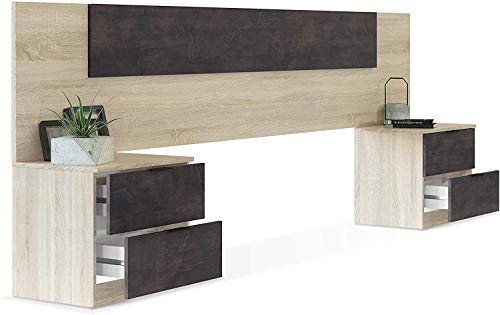 Mobelcenter – Cabezal y 2 Mesitas de Noche – Cabecero Matrimonio y 2 Mesitas de Noche – Color Roble Canadian y Óxido - Medidas: Ancho: 247 cm x Fondo: 38 cm x Alto: 95 cm - (1093)