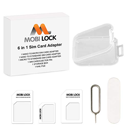 Mobi Lock Kit adaptador de tarjeta SIM 6 en 1 (Micro, Nano y estándar) con Lima de uñas y caja de almacenamiento para iPhone X, 8 y Todas las series de iPhone, Samsung, HTC y todos los demás smartphones Android