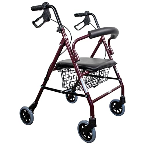 Mobiclinic, Andador para ancianos, Modelo Escorial, Marca española, Plegable, Frenos manuales y bloqueables, Aluminio, Con cesta, Ligero y resistente, Con asiento y 4 ruedas, Color Burdeos