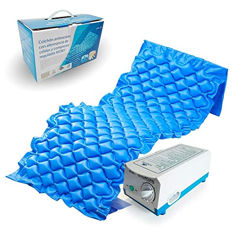 Mobiclinic, Colchón antiescaras de Aire alternante, Modelo Mobi 1, con Motor compresor, PVC médico ignífugo, Marca Española, para escaras de Grado I, 200 x 90 x 7, 130 Celdas, Color Azul