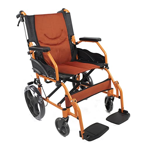 Mobiclinic, Silla de ruedas ortopédica, Modelo Pirámide, Aluminio, Plegable, Freno en manetas, Marca Española, Asiento de 46 cm, Para minusválidos, Reposapiés, Reposabrazos, color naranja