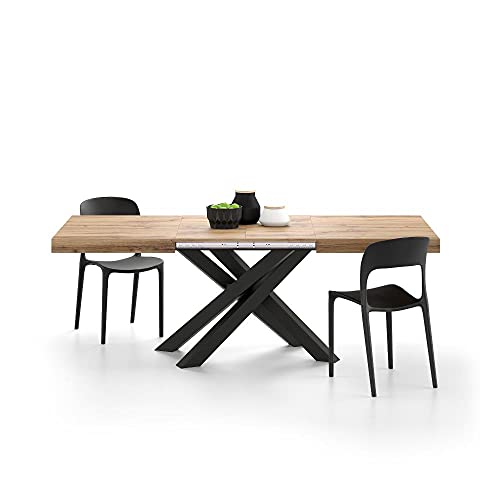 MOBILI FIVER, Mesa Extensible Emma 140 Color Madera rústica, con Patas Cruzadas Negras, Aglomerado y Melamina/Hierro, Made in Italy