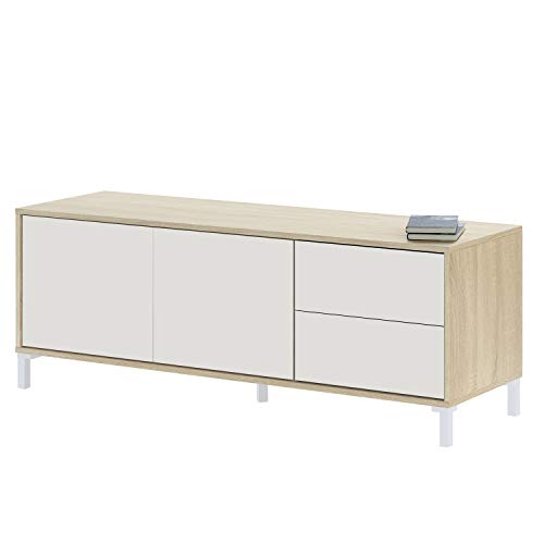 Modulo de TV, Mueble TV, Modelo Brooklyn, Acabado en Roble Canadian y Blanco Artik, Medidas: 130 cm (Ancho) x 47 cm (Alto) x 41 cm (Fondo)