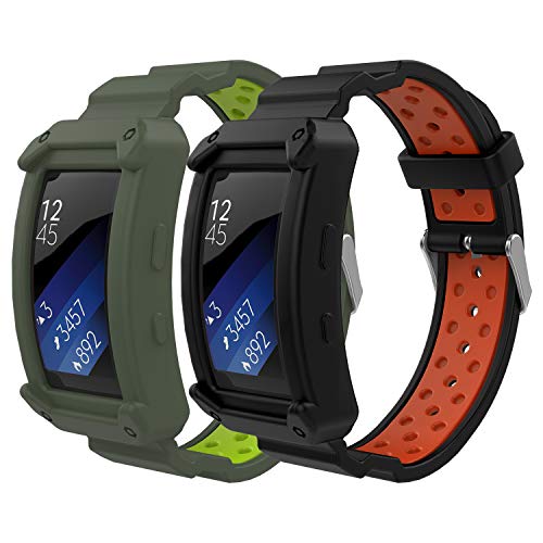 MoKo Correa Compatible con Samsung Gear Fit 2 / Gear Fit 2 Pro, Pulsera de Silicona Respirable y Reemplazable, Banda de Reloj Deportivo con Funda - Negro/Rojo + Gris/Verde