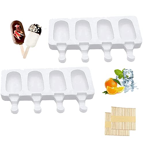 Moldes de Helado,8 Pack Moldes para Helados,Moldes Paletas Chocolate,Popsicle Mold,sin BPA para Niños, Adultos, con 100 Palos de Madera (Blanco)