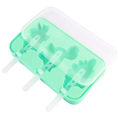 Moldes de silicona para helado de dinosaurio lindo de 3 ranuras, molde verde de grado alimenticio antiadherente de cocina para el hogar para dulces, chocolates, jabones, pudín de gelatina