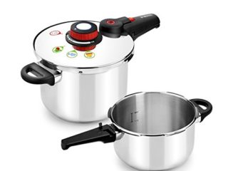Monix Selecta Duo Set ollas a presión rápidas 4 y 6 litros con Sistema de selección de Alimentos y Cierre automático, Acero INOX 18/10, Plata, 2 Unidades