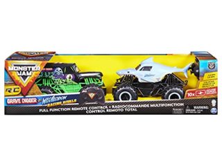 Monster Jam, Amazon Exclusive Official Grave Digger vs Megalodon Racing Rivals Camiones de Control Remoto, Escala 1:24 (Solo Disponible en Amazon)