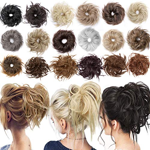 Moño Postizo Pelo Sintético Se Ve Natural Voluminoso Postizos de Pelo Recogido Coletero Peinado Extensiones de Cabello Rizado Corto Messy Bun Resaltado Rubio Castaño Claro