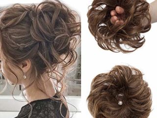 Moño Postizo Rizado con Goma {Grueso} Se Ve Natural Coletero Peinado Alto Extensiones de Pelo Sintético Rizado Ondulado Postizo 35g # Marrón Arenoso y Rubio Oscuro