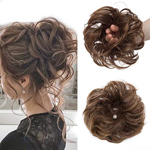 Moño Postizo Rizado con Goma {Grueso} Se Ve Natural Coletero Peinado Alto Extensiones de Pelo Sintético Rizado Ondulado Postizo 35g # Marrón Arenoso y Rubio Oscuro