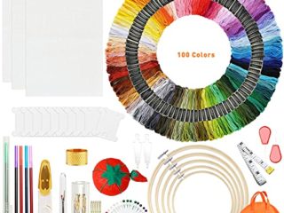 MOOING Kit completo de bordado de 205 piezas,Kit de Herramienta de Punto de Cruz aros de bordado de 5 piezas,hilos de 100 colores, Telas de Punto de Cruz,Kit de Inicio de Bordado