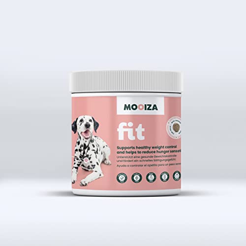 MOOIZA ® fit - suplemento para el Peso Ideal del Perro y una digestión Sana. con cúrcuma, Jengibre, psyllium. Alternativa al pienso Light para Bajar de Peso de Forma Natural y Sana.
