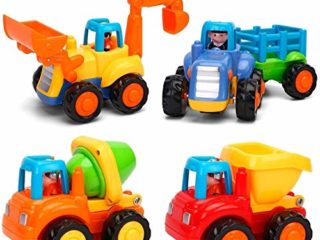 Moontoy Vehículos de Construcción Coche de Juguete Coche de Friccion Camion de Juguete Coche de Juguete de Plástico Regalo de los Niños(Tractor, Niveladora, Camión del Mezclador, Camiones)