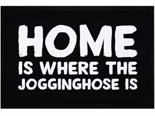 MoonWorks® Felpudo con texto en inglés "Home is Where The Jogginghose is lustiger impreso, antideslizante y lavable, color negro, 60 x 40 cm