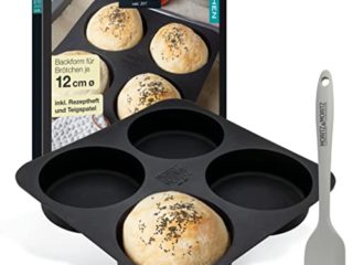 Moritz & Moritz Molde de silicona redondo de 12 cm de Ø para pan, panecillos de hamburguesa y panecillos XXL - incluye espátula para la masa y libro de recetas