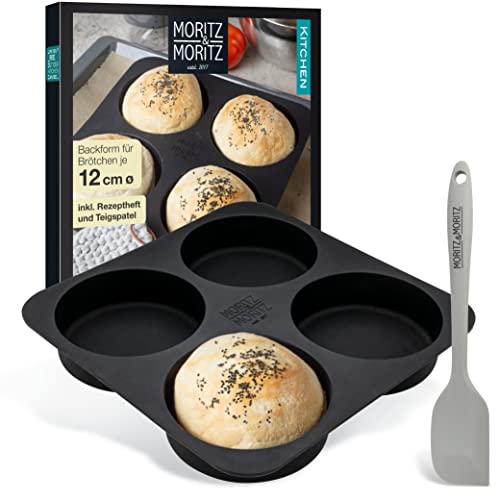 Moritz & Moritz Molde de silicona redondo de 12 cm de Ø para pan, panecillos de hamburguesa y panecillos XXL - incluye espátula para la masa y libro de recetas