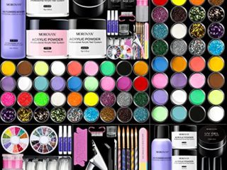 Morovan Kit de uñas acrílicas Completo juego de monómero líquido en polvo acrílico con polvo de purpurina tallado formas de uñas base coat y top coat herramientas de arte de uñas para principiantes