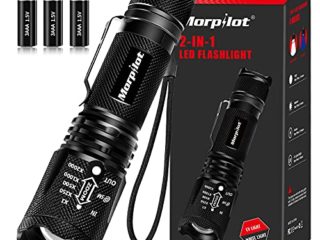 morpilot Linterna Táctica y UV 2 en 1, Linterna LED 500LM, Linterna Militar, Aluminio, Anti-caída, Impermeable IPX4, 4 Modos, 395nm Lampara uv para Detector Billetes, 3 Baterías Incluidas, Negro