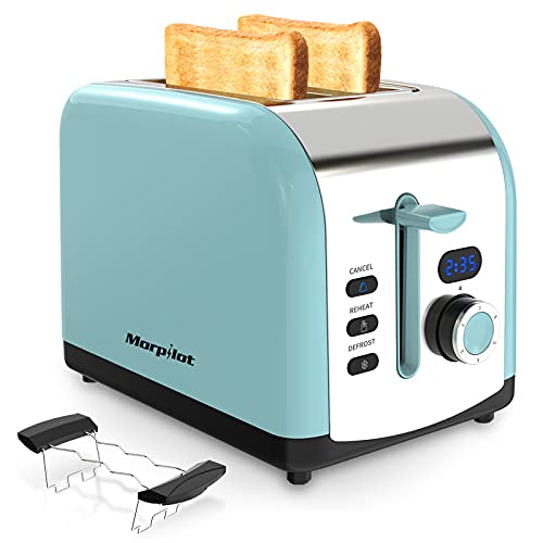 morpilot Tostadoras Pan de 2 Rebanadas con 6 Niveles de Tostador y Bandeja para Migas, Pantalla LED, 800 W, Tostadora de Pan Automática con Función de Descongelar y Calentamiento Azul (GDS-1)