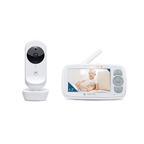 Motorola Baby Ease 34-Vigilante con cámara-Monitor de vídeo para bebés de 4,3 pulgadas con pantalla HD-Visión nocturna,comunicación bidireccional,nanas,zoom,control de la temperatura ambiente-Blanco