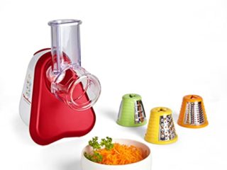 Moulinex Fresh Express DJ7535 - Rallador eléctrico con 3 Funciones en 1, 150 W, cortar en rodajas o cortar en tiras y rallar, 3 conos distintos, Plástico, Rojo/Blanco