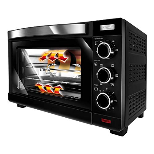 MPM MPE-09/T Horno Eléctrico de Sobremesa Convección 30 Litros, Acero Inoxidable, Asador de pollo, Puerta Doble Cristal, 5 Modos de Calor, Temporizador, Ajuste de Temperatura, Negro, 1600W