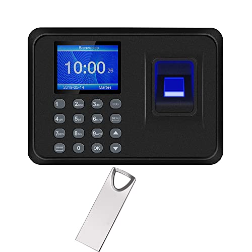Máquina de Asistencia,Máquina Fichar de Asistencia Biométrica de Huella Dactilar con Sistema Española Pantalla LCD,Capacidad de 100.000 Registros,2.4 Pulgadas,con 8G Disco U