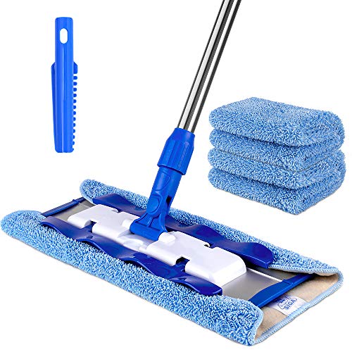 MR.SIGA Trapeador Profesional de Microfibra para Madera Dura, Laminado, Limpieza de Suelos de baldosas, Incluye 3 trapeadores Planos Reutilizables y 1 Estropajo para Quitar la Suciedad