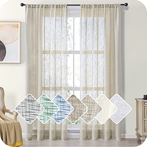 MRTREES Cortinas de Dormitorio Comedor Salon Cocina Habitacion 2 Piezas 140×225cm Visillos Beige Translúcidas Modernas de Lino Aspecto con Rod Bolsillo para Ventanas Sala para Niños Cuarto Baño