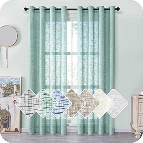 MRTREES Cortinas de Dormitorio Comedor Salon Cocina Habitacion 2 Piezas 140×245cm Visillos Verde Translúcidas Modernas de Lino Aspecto con Ojales para Ventanas Sala para Niños Sala Cuarto Baño