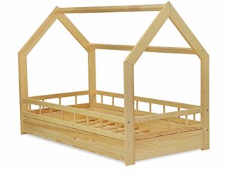 MS FACTORY Cama Infantil de Madera Pino - Cama Montessori Forma de Casa 80x160 cm para Niño y Niña - Barandilla Seguridad, Lamas Somier - Natural